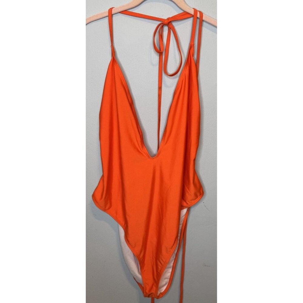 Boohoo Deep Plunge One Piece Tie Swimsuit Size US 16 Orange New